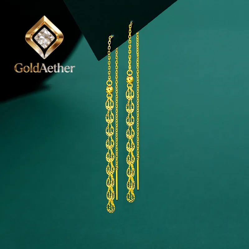

GoldNouveau Luxury 24K 9999 Pure Gold real gold Hollow-out Phoenix Tail Tassel Ear Line Women's Eardrop Ear Line