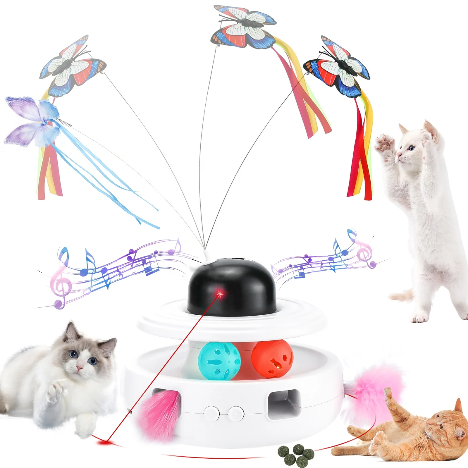 

Custom 5-in-1 Interactive Cat Toy, Butterfly Feather Spin Rod, With Track Rolling Ball and Bird Sound Laser Cat Toy