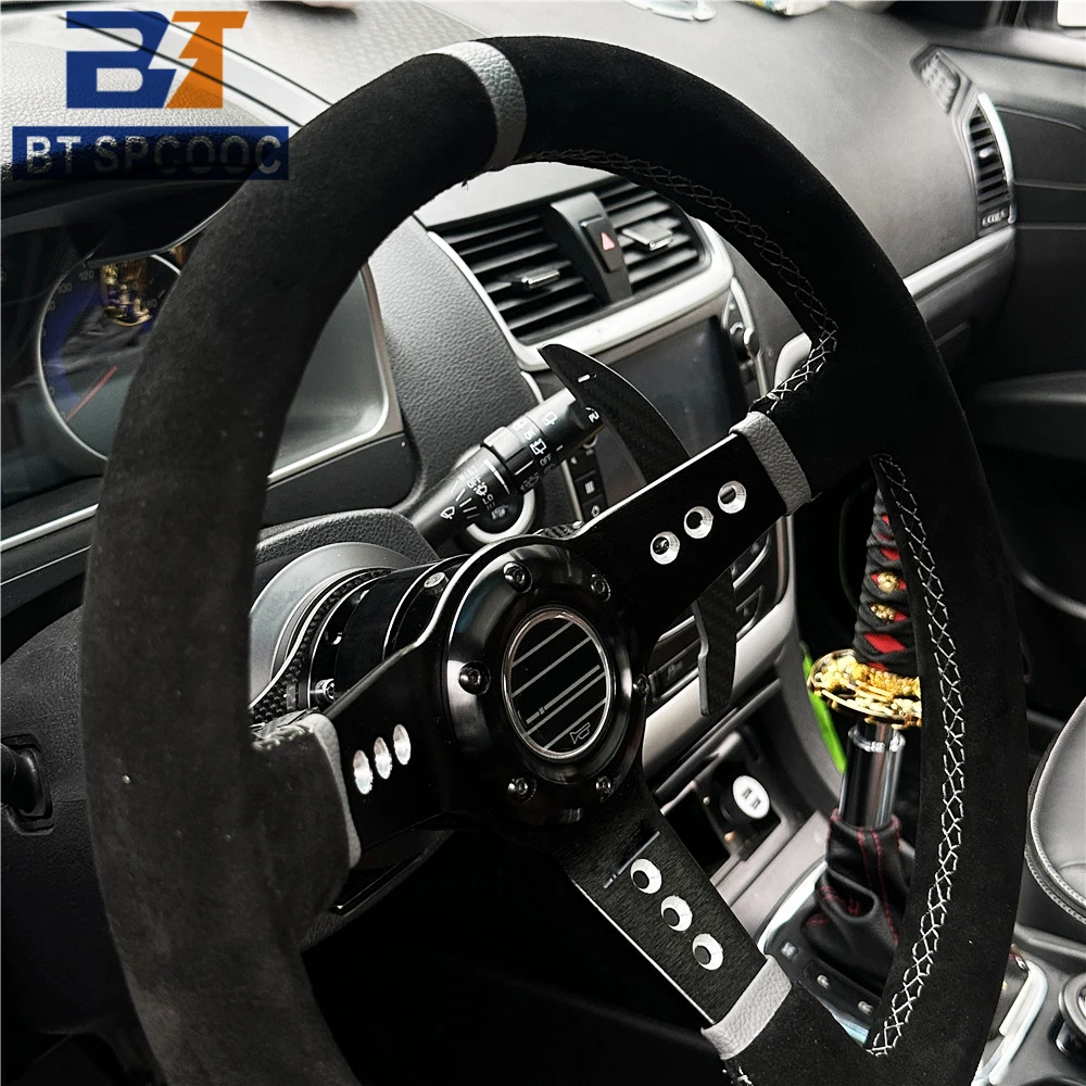 Spar Steering Wheel Suede Leather Universal Concave Steering Wheel 14inch 350mm Real Leather view 2