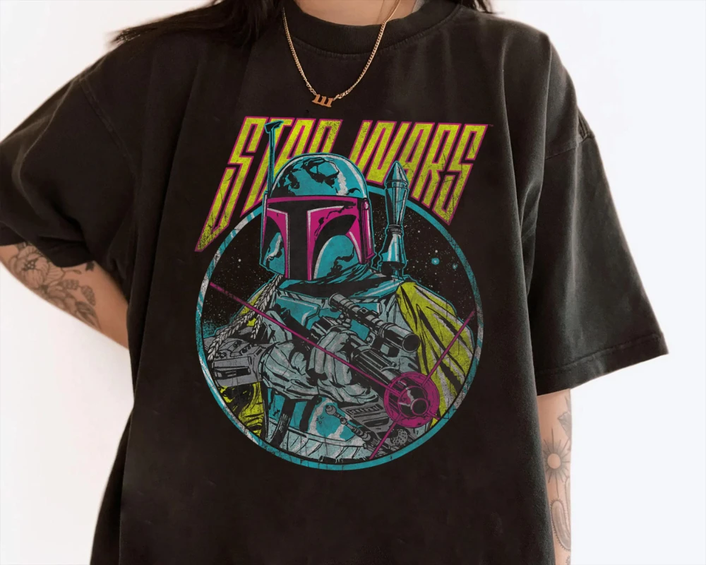 

Star Wars Boba Fett Neon Blast Gun Retro Pattern T-Shirt All-Season Pure Cotton Unisex Couple Base Layer Shirt