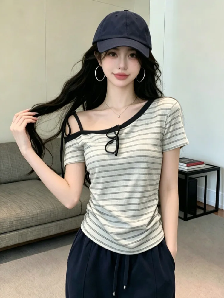

Laid-back Loose Women's T-shirt Summer New Style Casual Stripe Short Sleeve Knot Color Block Top Breathable Comfortable Knitted