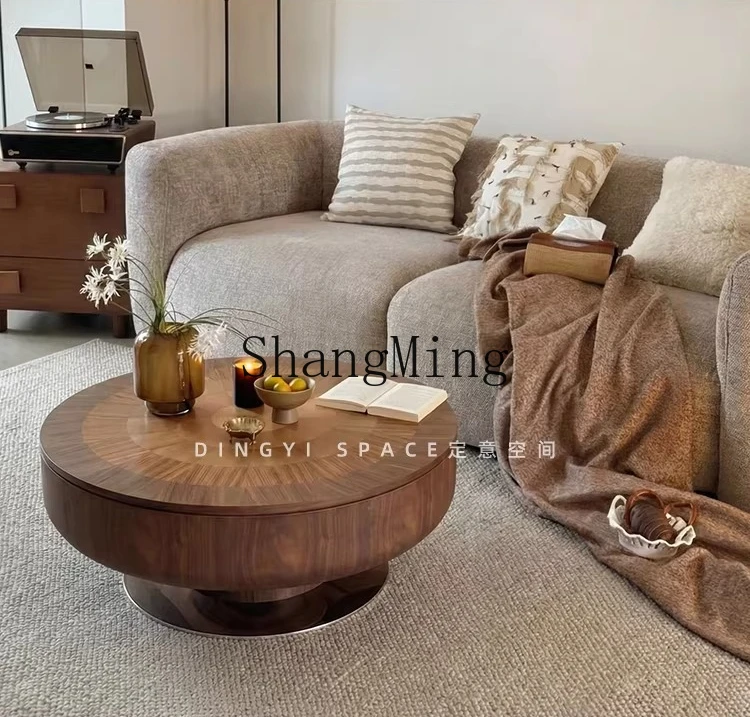 

CL antique new living room household round stainless steel solid wood storage coffee table