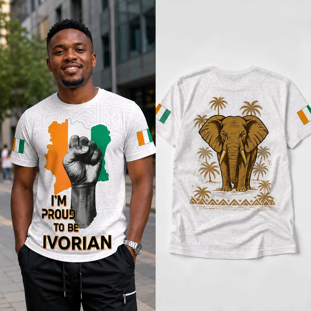 Mens Crew Neck T Shirt Ivory Coast Flag Fist Graphic Elephant Print Short Sleeve Casual Streetwear Summer Top for Men Daily Wear