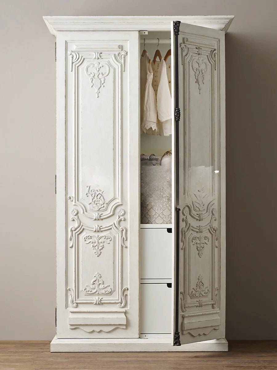 Carved wardrobe, bedroom, household solid wood single wardrobe, American small apartment, large-capacity storage cabinet