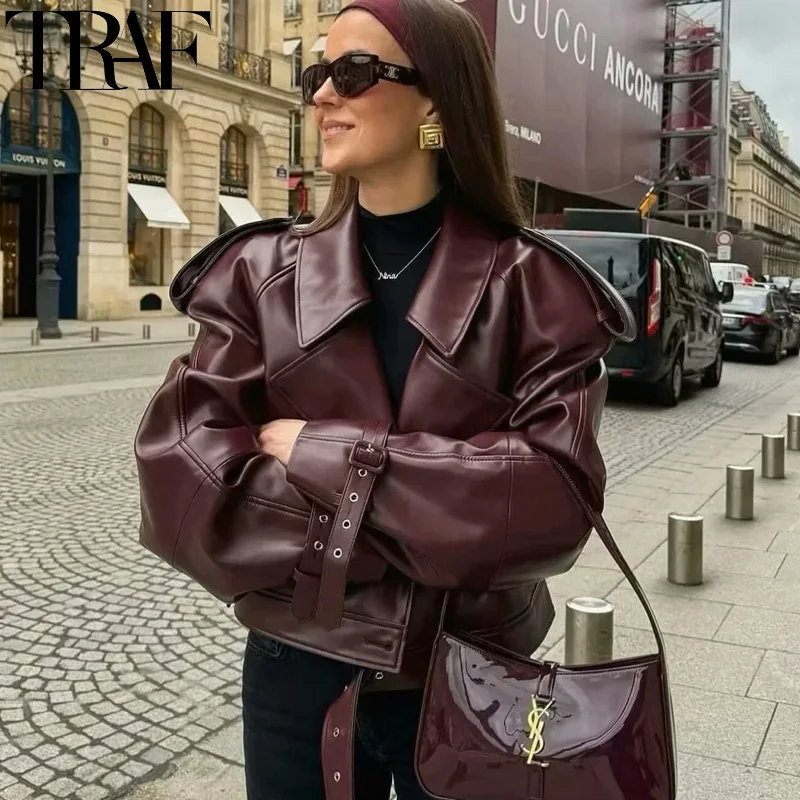 TRAF Outerwears Faux Leather Jacket Women Autumn Cropped Demi-Season Jacket Windbreaker Ladies Fashion Long Sleeve Black Jacket