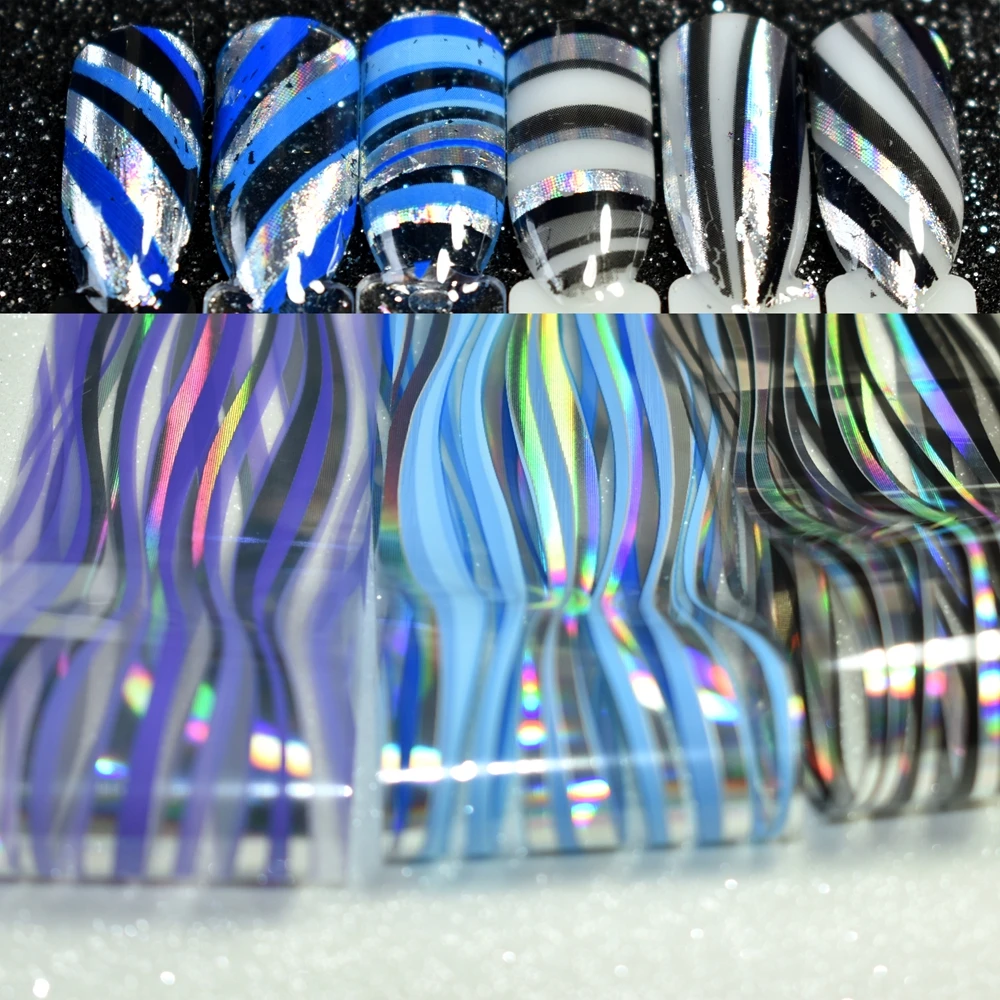 Holographic Nails Decoration Foil Colorful Water Pattern Purple Blue Black Nail Art Transfer Foil Sticker 1 meter in Clear Jar