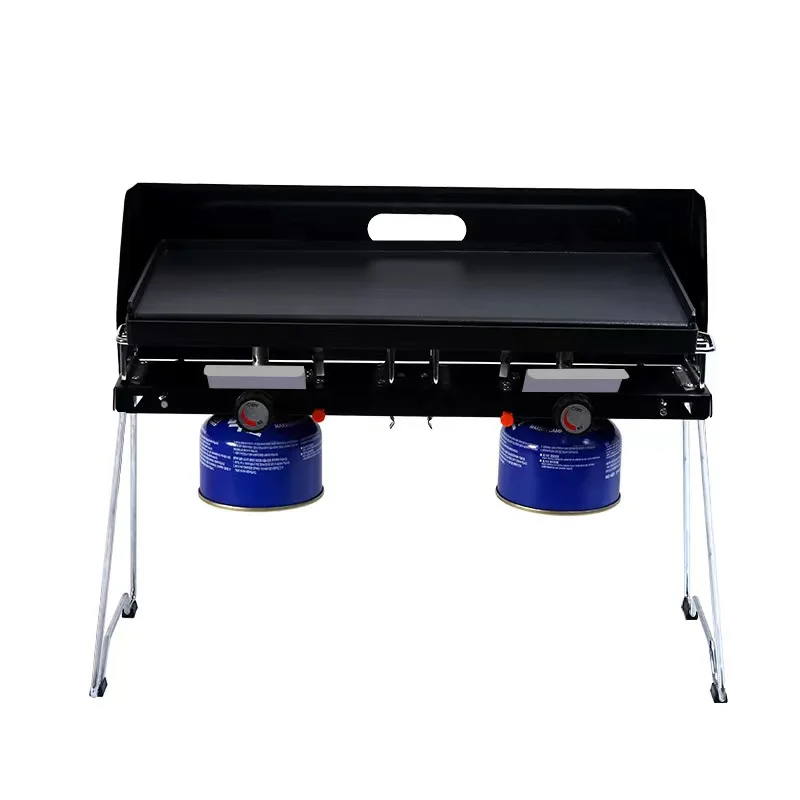 Outdoor Portable Gas Stove, Gas BBQ Grill, Double Burners Grill, with Griddle, Iron Plates