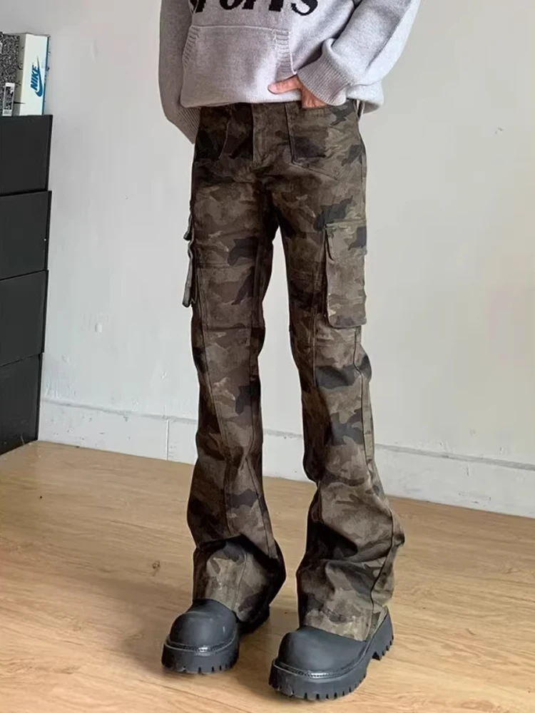 

American Retro Camouflage Work Pants Men's Slim Fit High Waist Denim Jeans Autumn Season Casual Loose Straight Leg Trousers