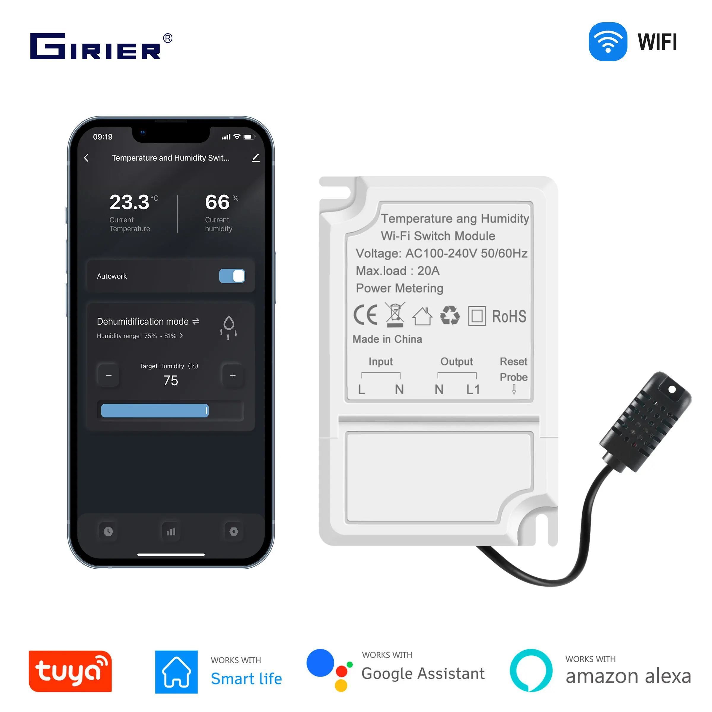 GIRIER Smart WiFi Switch Module 20A Remote Monitoring Temperature Humidity Energy Metering Work with Alexa Hey Google Smart Life