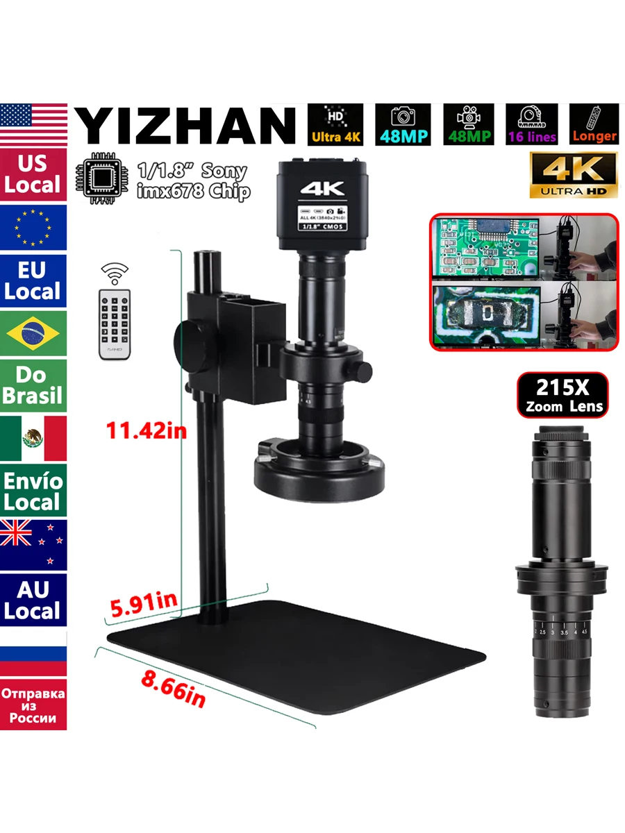 Cyfrowy mikroskop 4K do inspekcji z funkcją antyodblaskową (Złącze lutownicze/Części metalowe/Zegarek/Biżuteria/Złącze), kamera mikroskopowa HDMI USB z sensorem IMX678 1/1.8 cala, mikroskop wideo z (Sony imx678 48mp) — Zdjęcie 2 z 2