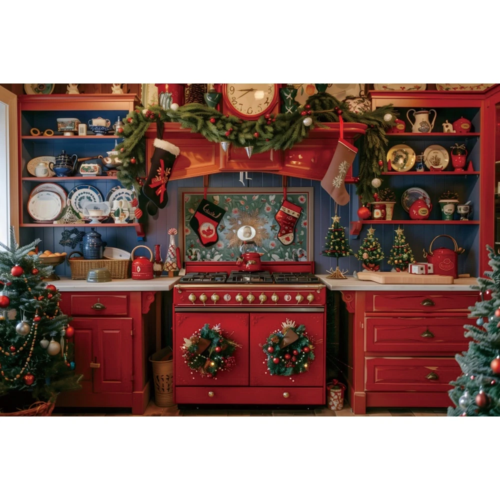 Christmas Kitchen Scene Photography Backdrop Red Sock Restaurant Cupboard Xmas Family Party Kids Portrait Photo Background Decor