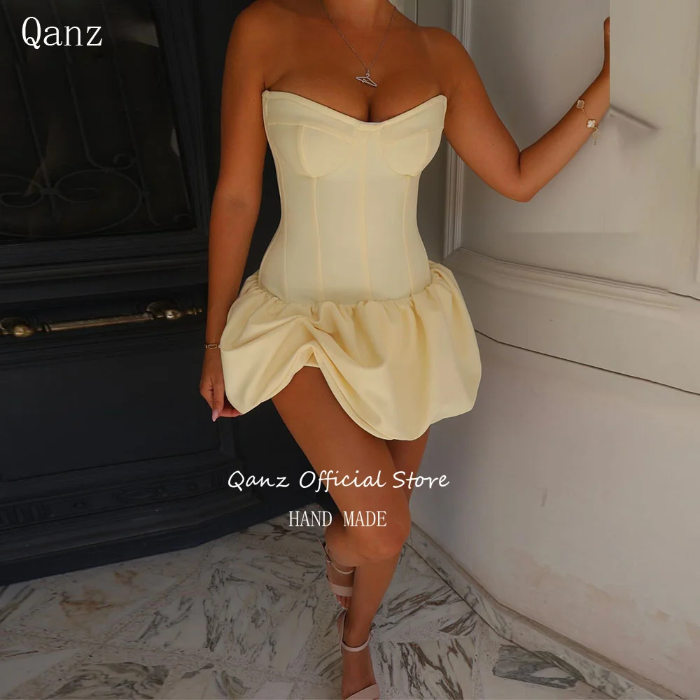 

Qanz Yellow Satin Prom Dresses Mini Corset Back Dresses For Birthday Sweetheart Vestidos Para Eventos Especiales Customized
