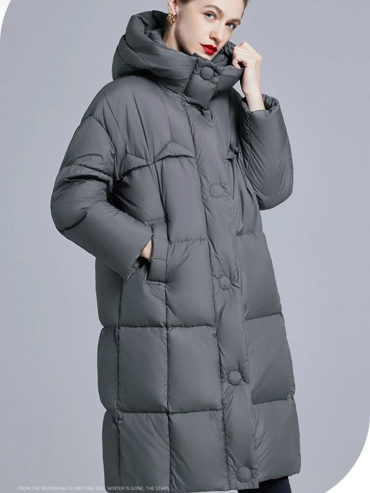 Winter Quilted Down Jacket Women Warm Hooded Mid-Length Puffer Jacket Single-Breasted High-Quality Luxury Trench Coat Windproof
