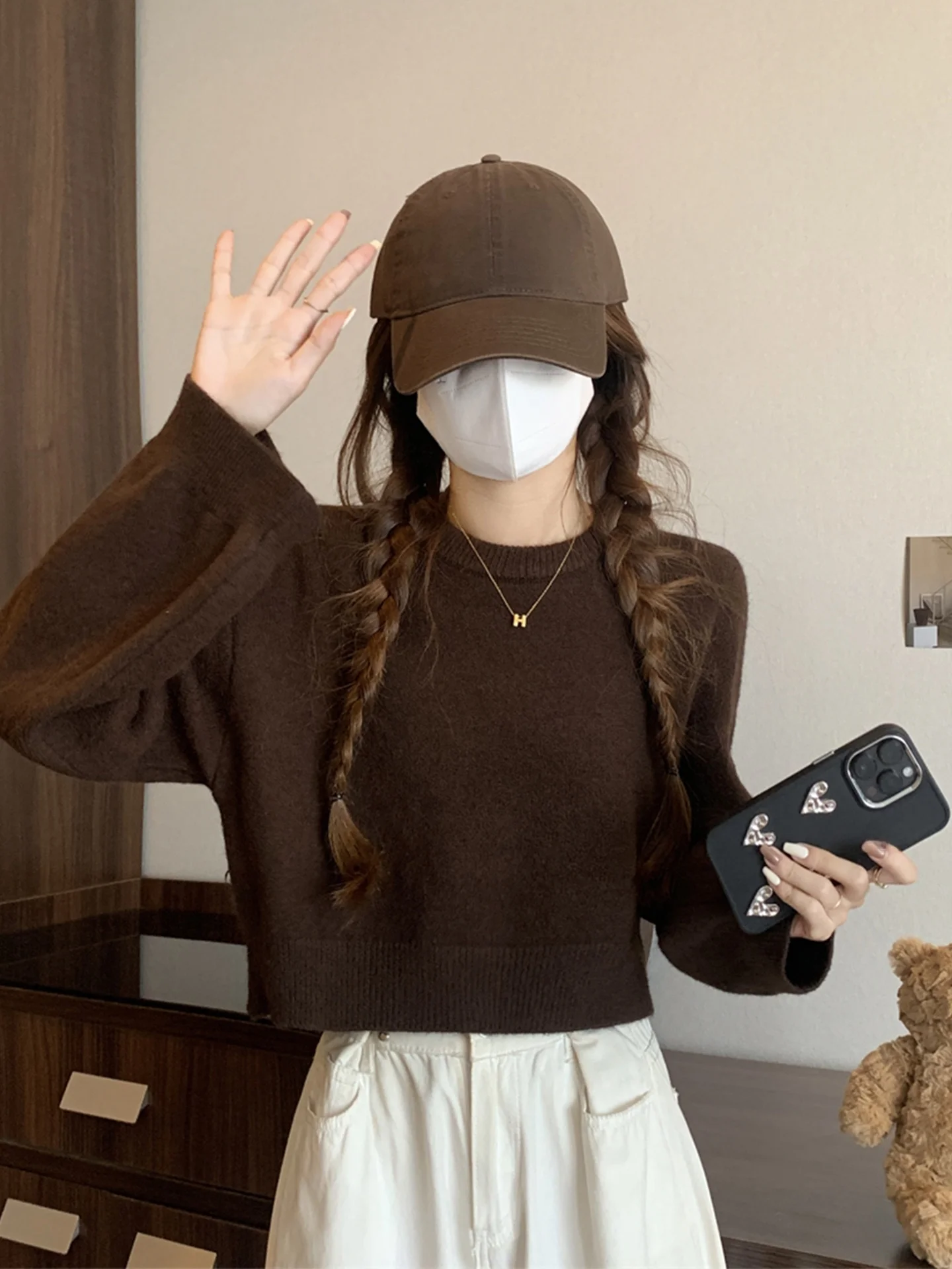 

Cé Brown ort Sve Knitted Sweater Women's Base irt Mermaid Sle Small Size Beautiful And Sli Fce Thermal Top