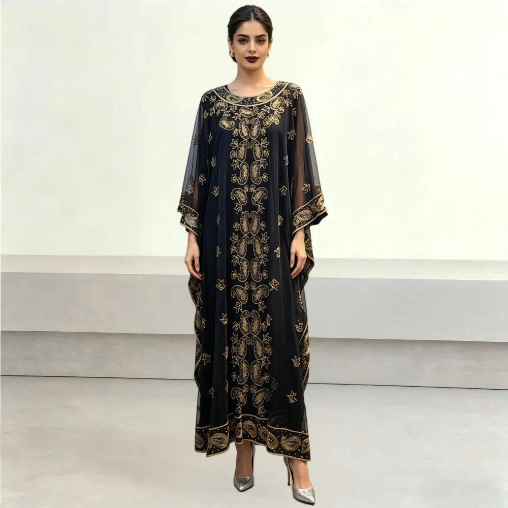 Elegant Black Chiffon Abaya Gold Paisley Embroidery Beaded Kaftan Batwing Sleeve Muslim Modest Maxi Dress for Women Eid Party