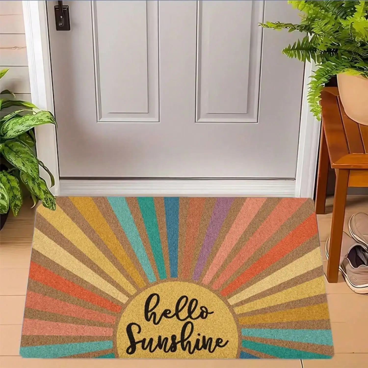 A Retro Sunburst Welcome Mat For Indoor Use, Featuring A Cheerful 'Hello Sunshine' Design. Made From Flannel, It Is Non-Slip, Comfortable, And Easy To Clean