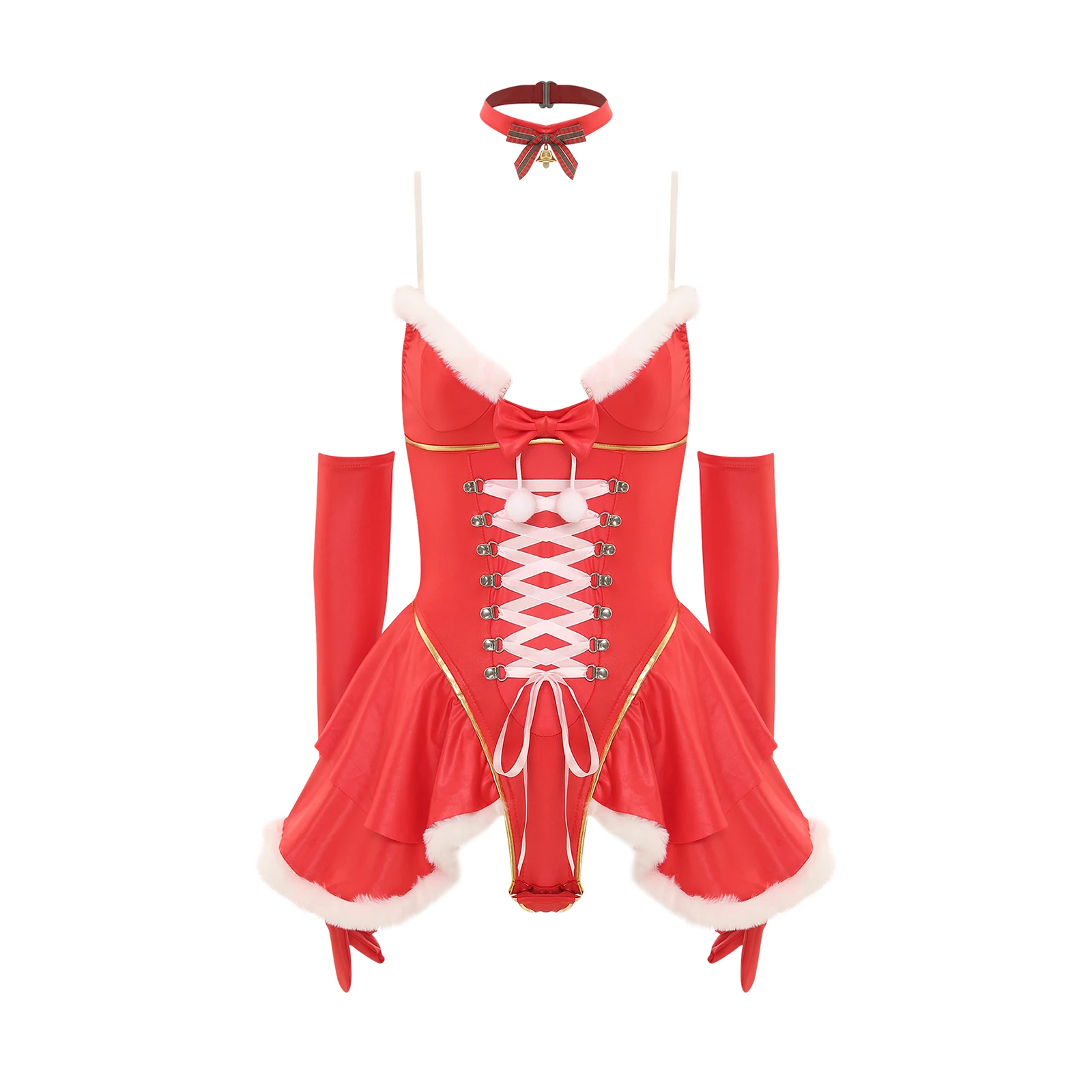 

3Pcs Women Christmas Lingerie Role Play Leotard Sleeveless Lace-up Tutu Dress Bodysuit with Opera Gloves And Choker Set Costume