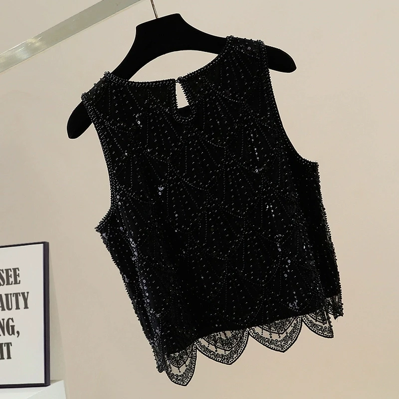 Ciężko zdobiony cekinami damski top irt Svel Ele Design koreański okrągły dekolt casualowy letni top Faion Trend
