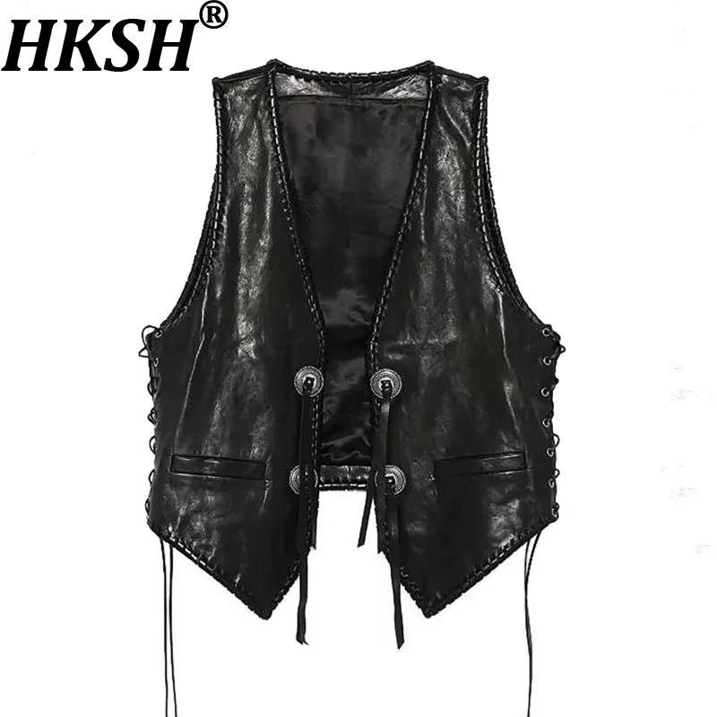 

HKSH весна осень новый мужской тренд ручной работы из овчины жилет с кисточками шикарный свободный повседневный уличный Y2K винтажное кожаное пальто HK12348