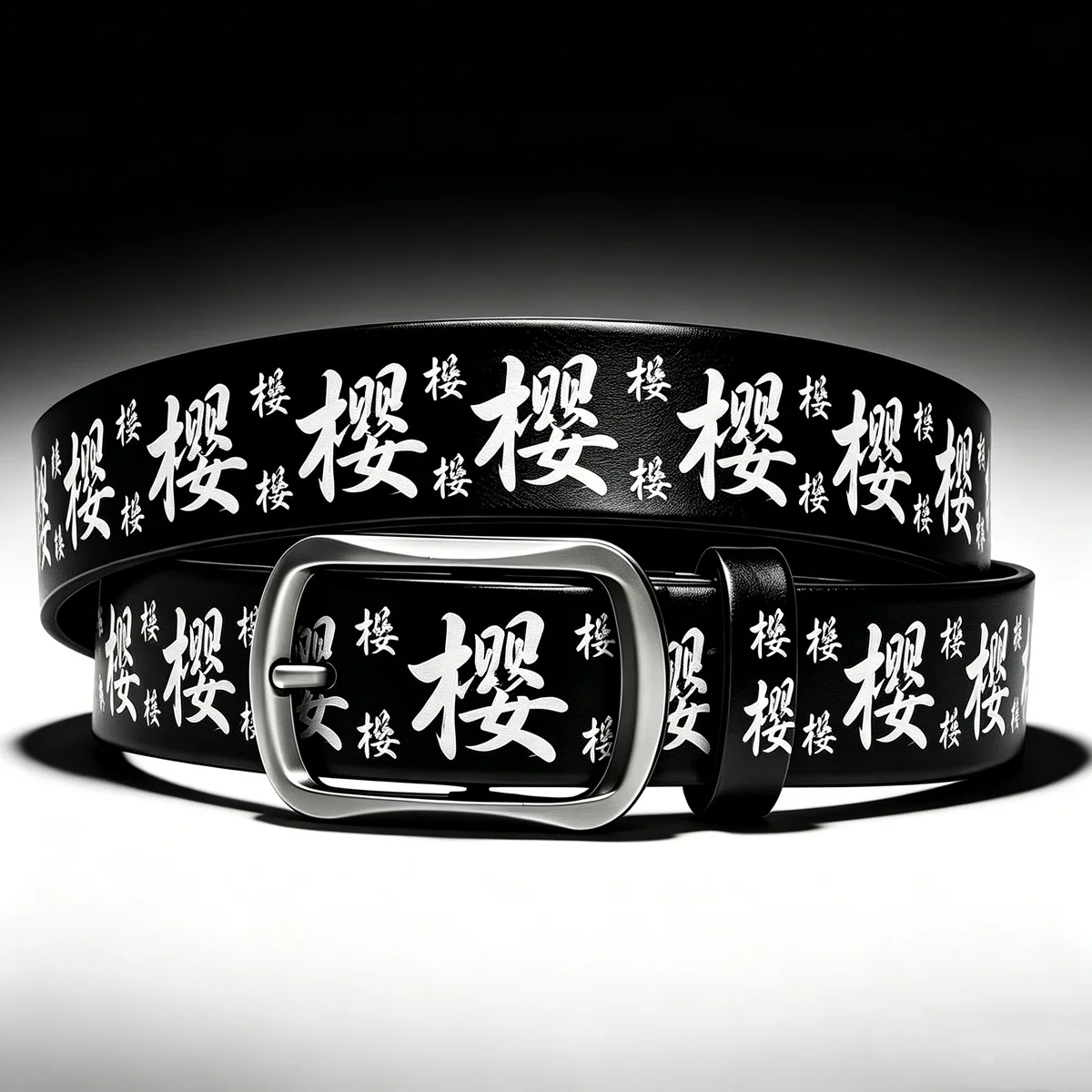 

White Sakura Kanji Print Waist Belt Adjustable Pin Buckle Unisex Fashion Accessory for Men Women Daily Decorative Waist Belt