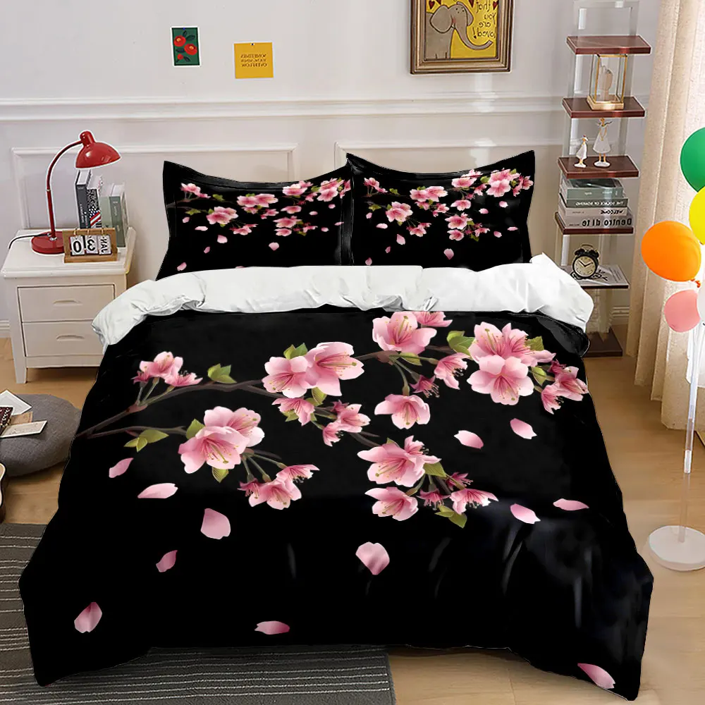 Branch Falling Cherry Blossoms Bedding Set for Kids Luxury Gift 3pcs Digital Print Comforter Set Soft Comfortable Breathable