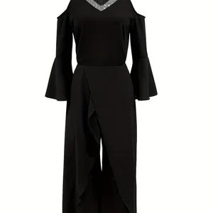 Pailletten Bell Frauen, elegant, breit, locker, monochrom, V, Geschäft 10 Hauptverkaufs -Pailletten -Jumpsuit - №8