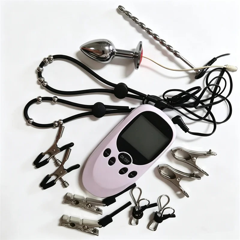 Metal Urethral Sounding Dilator Nipples Clips Silicone Penis Cock Rings Electric Shock 34 MM Anal Plug Sex Toys for Men Women