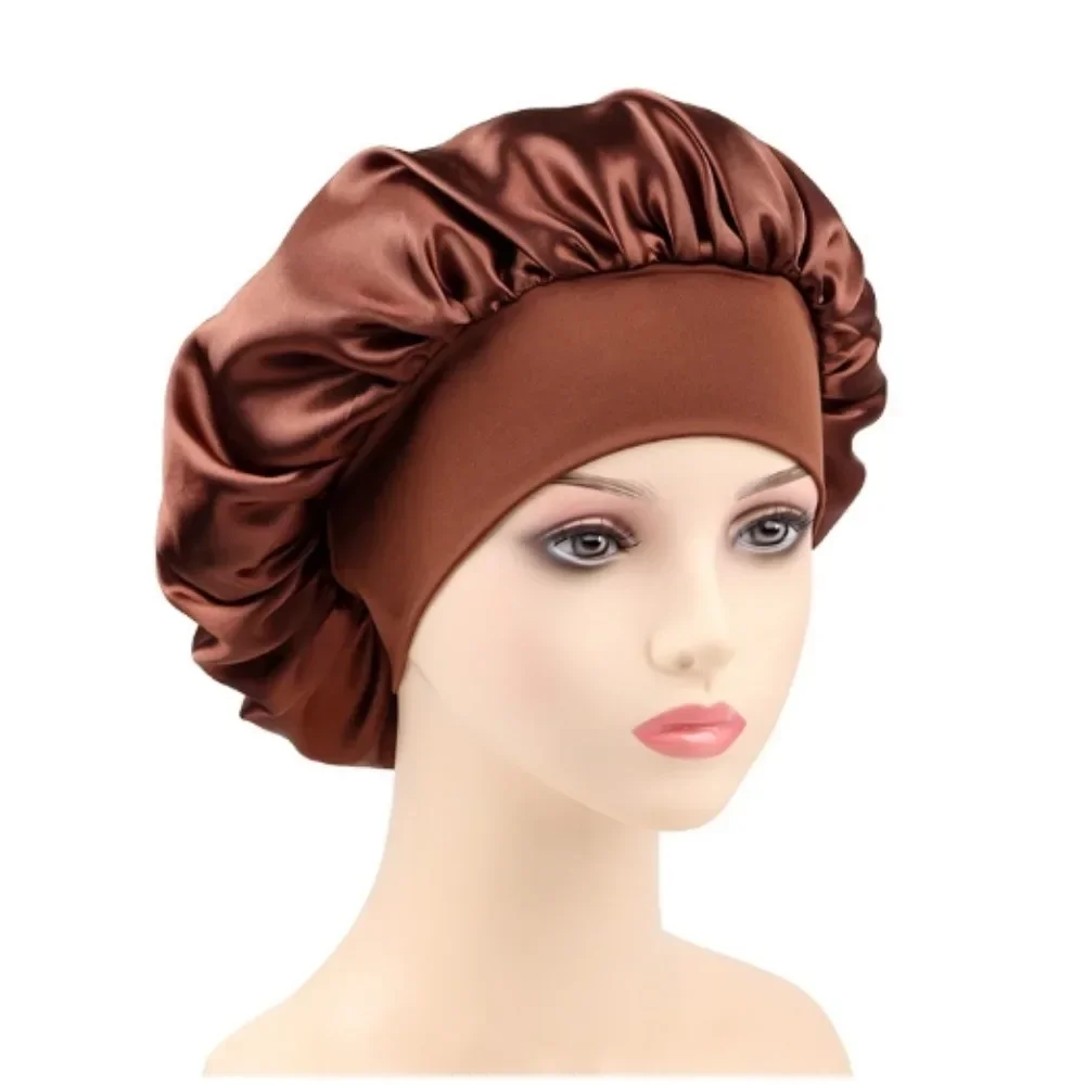 New Satin Wide Brim Nightcap Silky Bonnet Hair Wrap for Sleeping Sleep Cap With Elastic Soft Band Styling Cap Hair Wrapping Tool