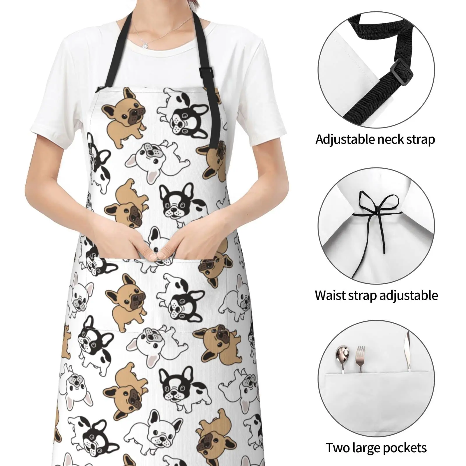 Bulldog Dog Puppy Waterproof Bib Apron with 2 Pockets, Adjustable Kitchen Chef Apron for Men Women Cooking Grooming Bbq