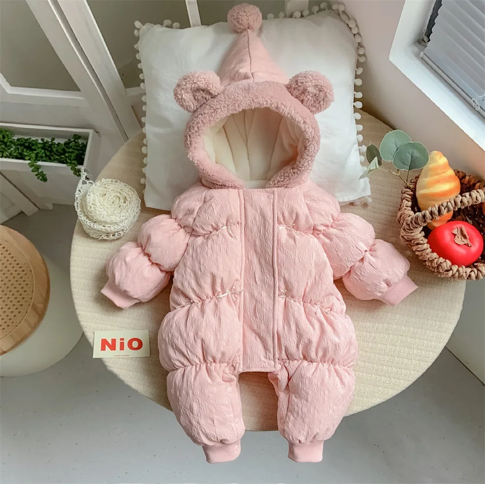 2025 Baby Girls Winter Romper Bubble Sleeve & Pointed Hood Cotton Padded Jumpsuit Plush-Lined Solid Color Outerwear for Newborn