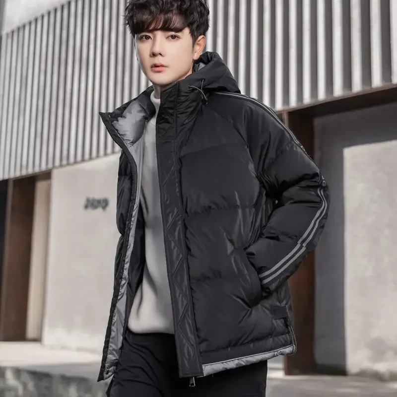 Masculino na moda inverno para baixo jaqueta masculina engrossado quente moda com capuz outcoat pato branco para baixo tamanho grande casual versátil outerwear