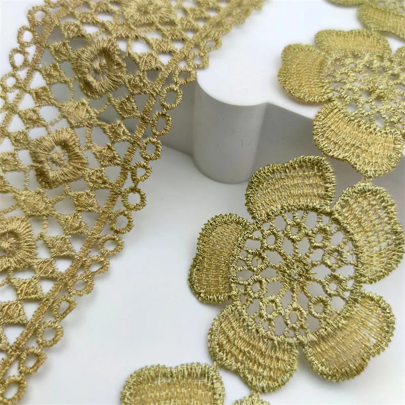 High Quality Gold Line Lace Trims Fabric Ribbon Embroidery Flowers lace Bilateral Hollowing Sewing Collar Trimmings