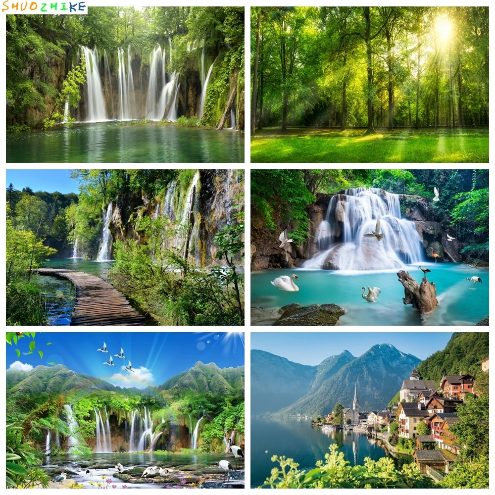 

Summer Natural Scenery Backdrop Mountain Waterfall Forest Flower Lake Landscape Baby Portrait Photography Background Photo Studi