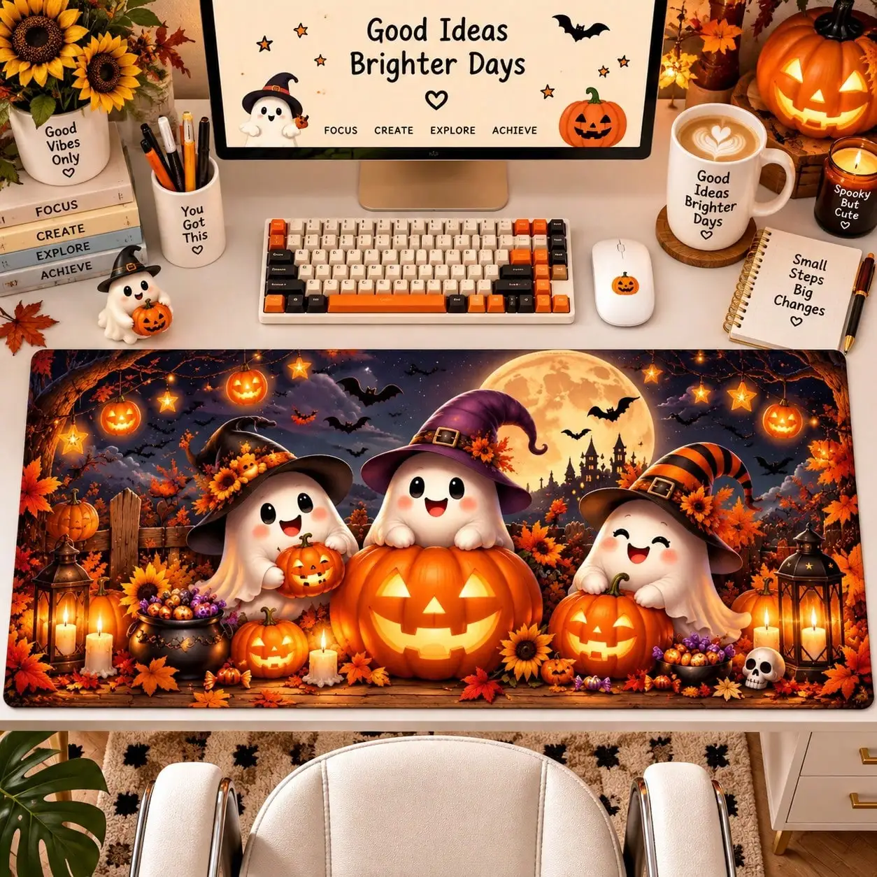 Cute Halloween Ghosts Pumpkins Witch Hats Lanterns Mouse Pad Spooky Kawaii Gothic Whimsical Autumn Moonlit Desk Mat Washable Surface,Thick Cushioning,Suitable For PC,Office,Home,Computer Workstation