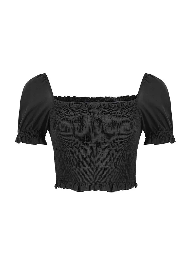 Tops cortos de moda de verano para mujer, camisetas cortas informales de manga abombada con cuello oblicuo para playa