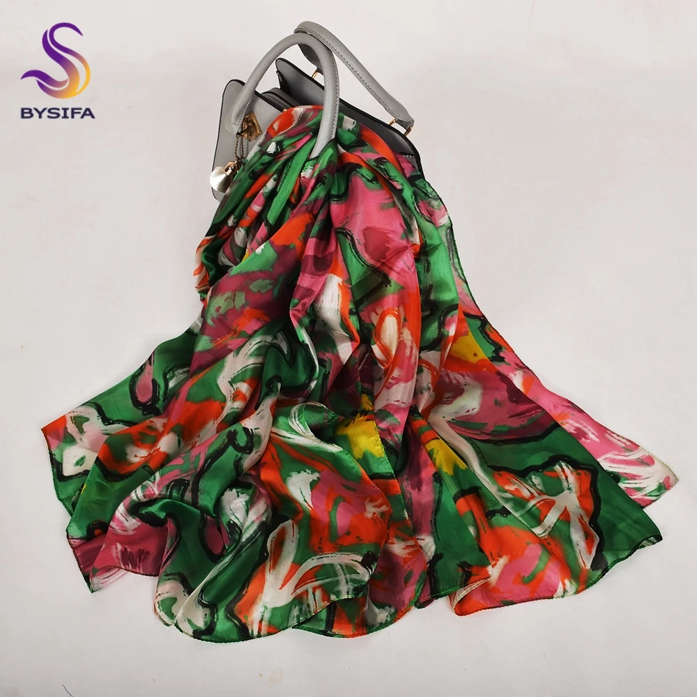 BYSIFA| White 100% Mulberry Silk Scarf Shawl Women New Floral Design Summer Long Beach Shawl Luxury Ladies Neck Scarves Hijabs