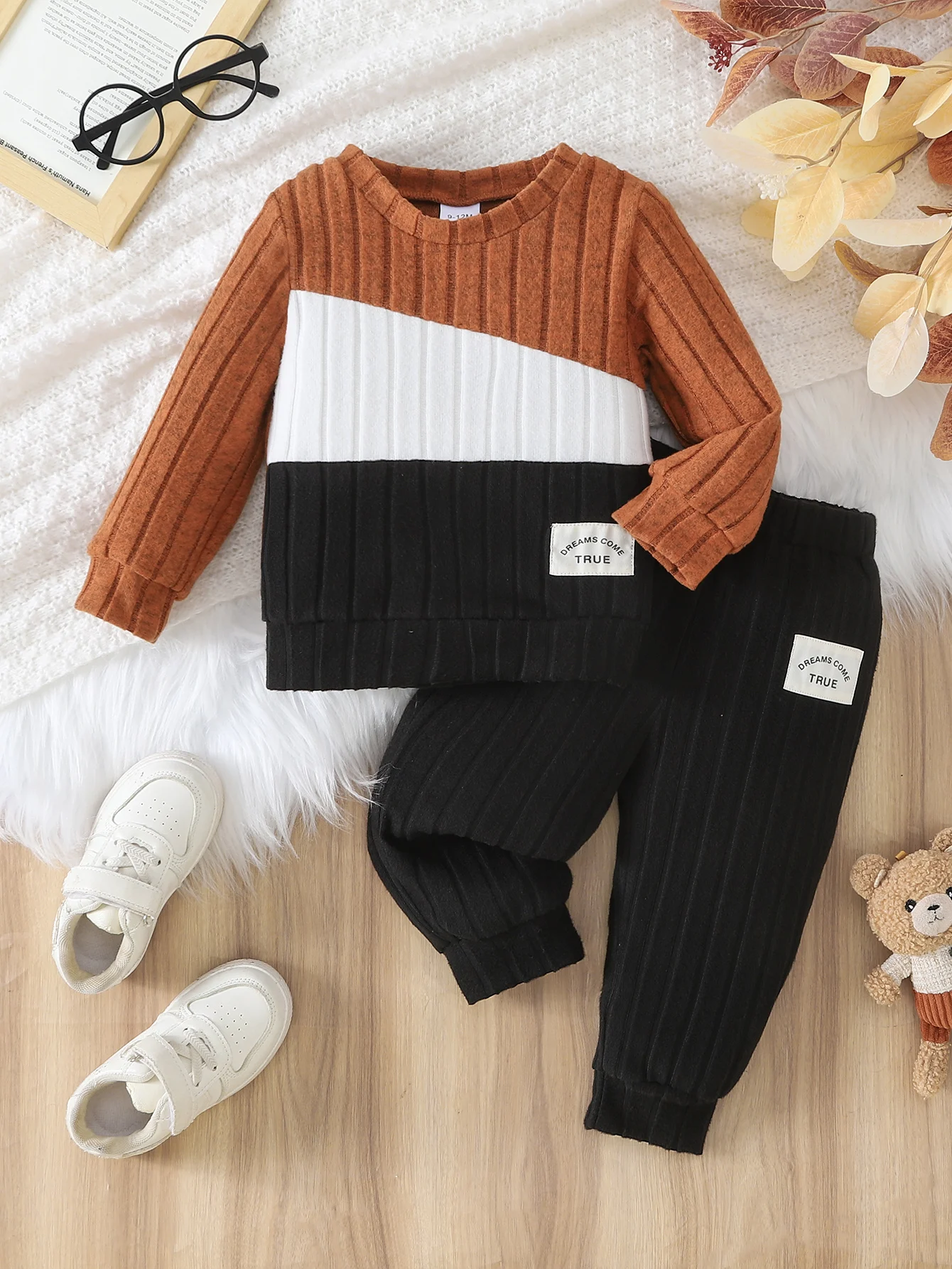 2Pcs Spring Autumn Baby Outfit,Color Block Vertical Ribbed Long Sleeve Crew Neck Top+Black Striped Cuffed Jogger Pants,Simple