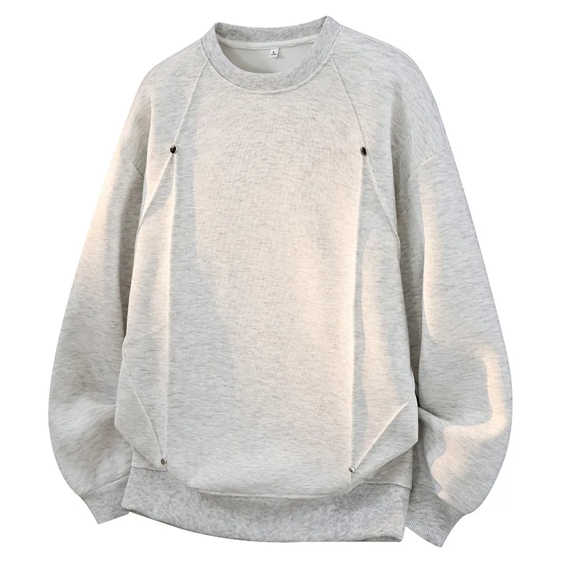 Men Oversized Crew Neck Sweatshirt Metal Rivet Spliced Pullover Streetwear Long Sleeve Plus Size M‑8XL Casual Tops