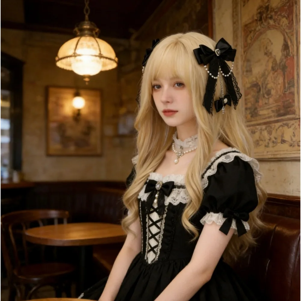 

Готическая заколка для волос «Падший ангел» с милым кружевным бантом и цепочкой, субкультурный аксессуар для волос со стразами для женщин