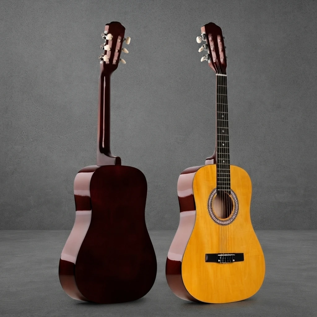 Nylon String Classical Guitar, Youth Size, Yellow Gloss Top, Red Brown Back, Slotted Headstock, White Tuners for Beginners