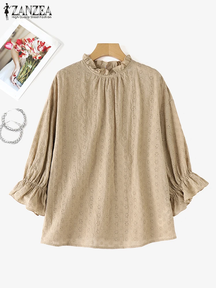 ZANZEA Fashion Ruffle Stand Collar Tunic Women Lacing Pattern Tops Casual Solid Pleating Blusa Vintage Lantern 3/4 Sleeve Blouse