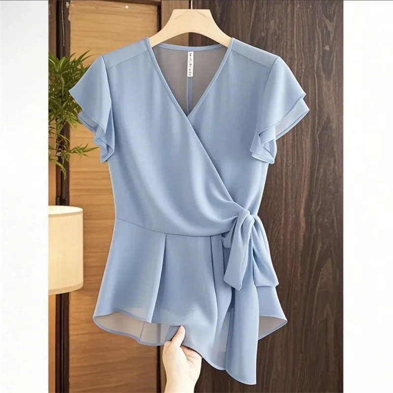 Ladies Short Sleeve Casual Patchwork Tees Korean Female Fashion Ruffled Chiffon T-shir Summer Women High-end V-neck Tie Up Tops