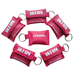 5Pcs/Pack CPR Resuscitator Barrier CPR Keychain 30:2 Face Shield Fabric Red Pouch For First Aid Emergency Rescue Training Kit