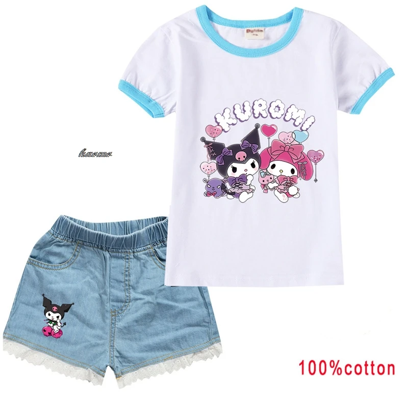 Lovely Kuromi Melody Clothes Kids Summer Short Sleeve Tshirt and Jeans Shorts 2pcs Suit Toddler Girls Outfits Child Clothing