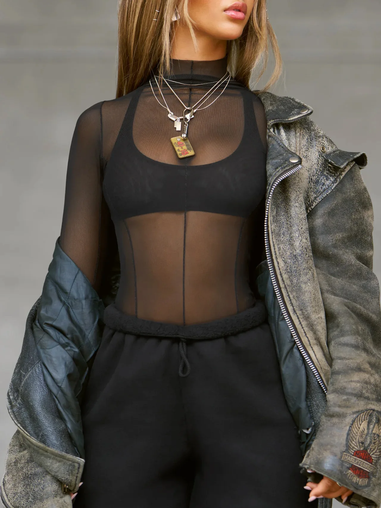 2022 Herbst Neue Mode Damen Tops T-Shirt Sheer Mesh Langarm Slim-Fit Halb-High Neck Top Y2k Frau Kleidung – Detail 5