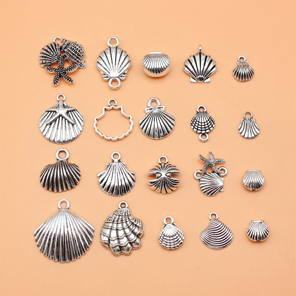 20pcs Antique Silver Color Shell Charms Collection For DIY Jewelry Making, 20 Styles, 1 of Each