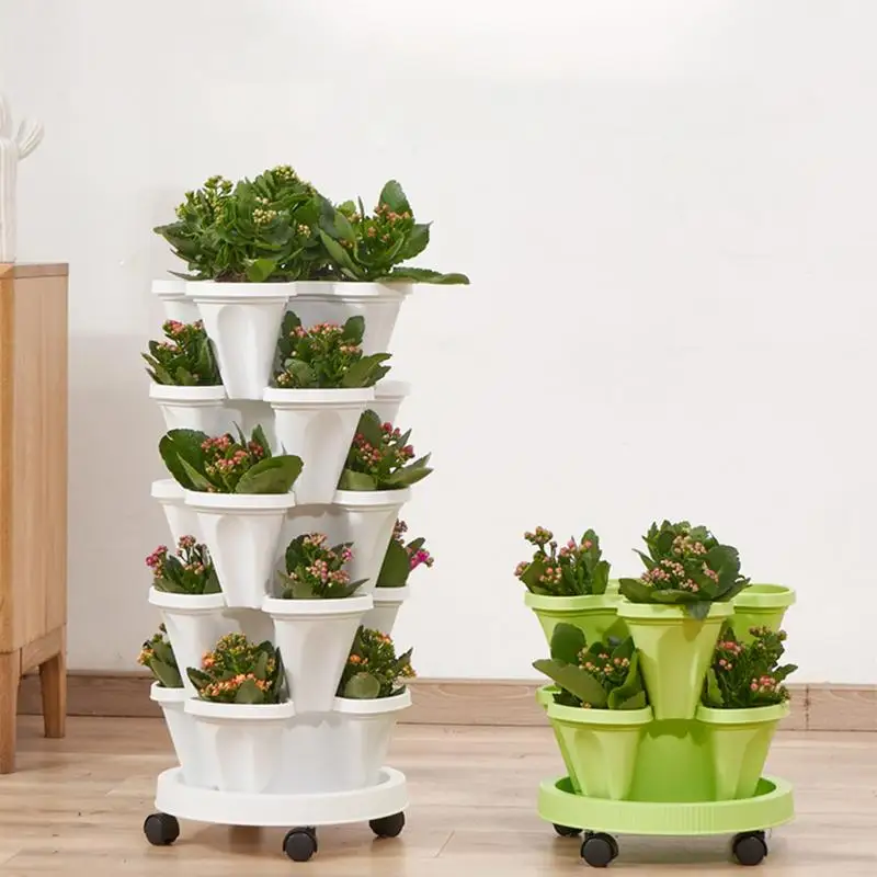 Stackable Vertical Flower Plant Pot 4-layer Plant Tower With Mobile Tray Gardening Planting Supplies for Outdoor Balcony