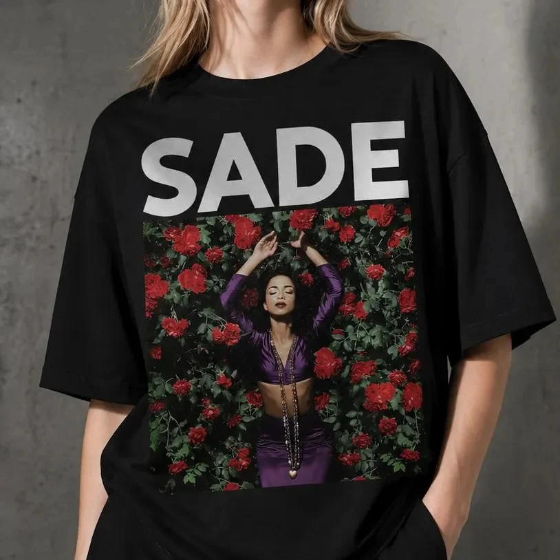 Chemise rétro Sade, T-shirt de chanteur de musique rétro, chemise streetwear unisexe en coton avec graphique musical en portrait noir et blanc