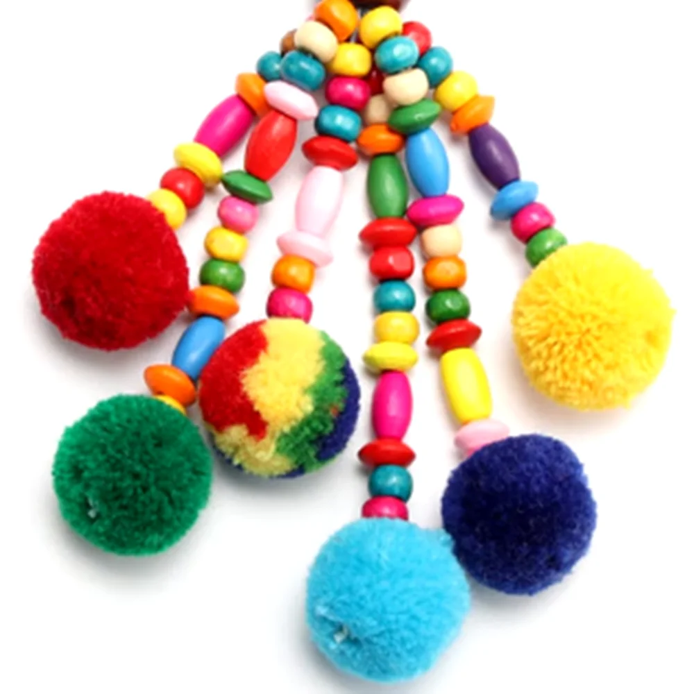 Llaveros con dijes de flores, cuentas de madera con pompón, joyería colorida, estilo bohemio, 1 unidad