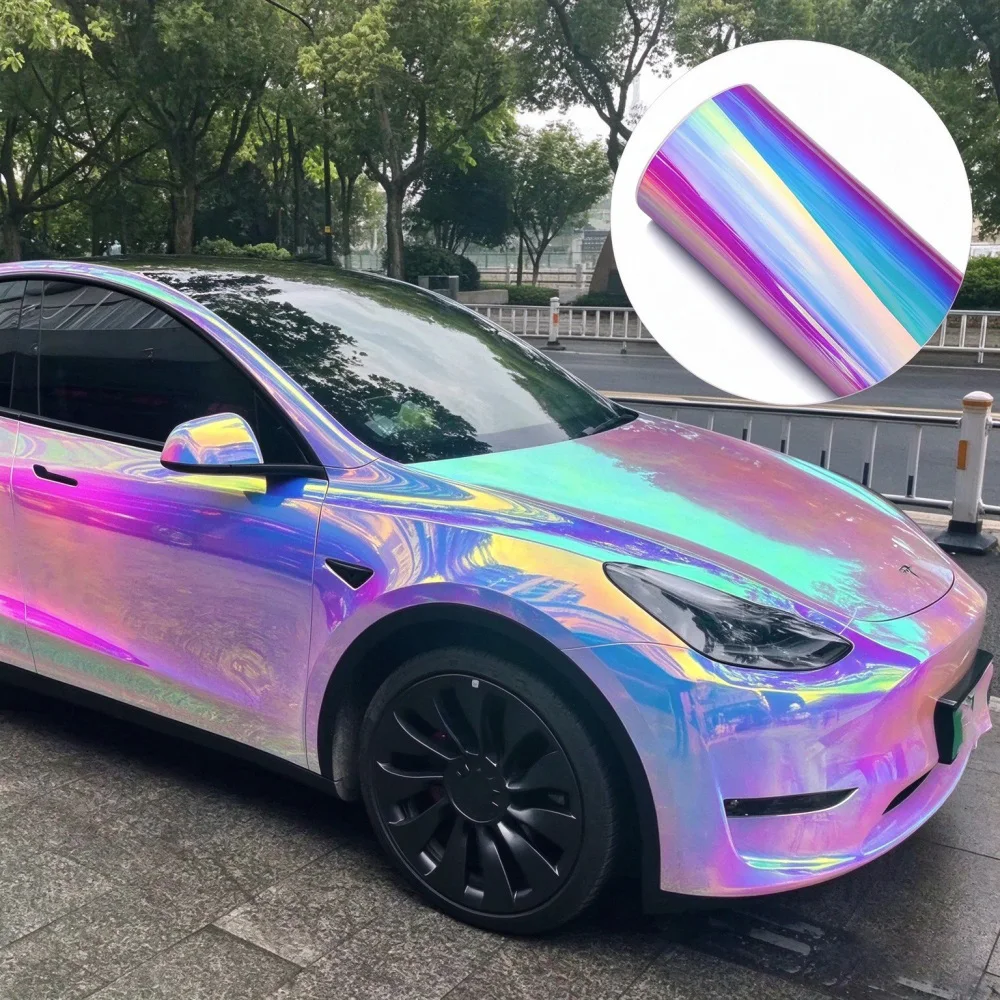 Glossy Rainbow Chrome PET Vinyl Wrap Color Change Car Body Film Pink Blue Waterproof DIY Decal Sticker Car Accessories